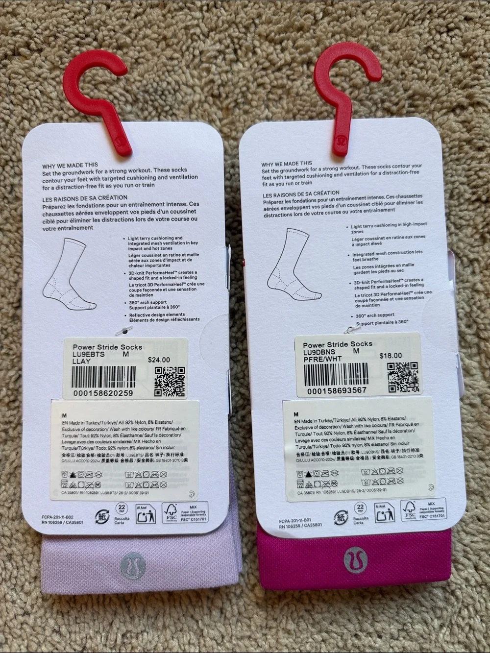 Lululemon Power Stride Unisex Crew Socks - 2-pack Pink & Magenta